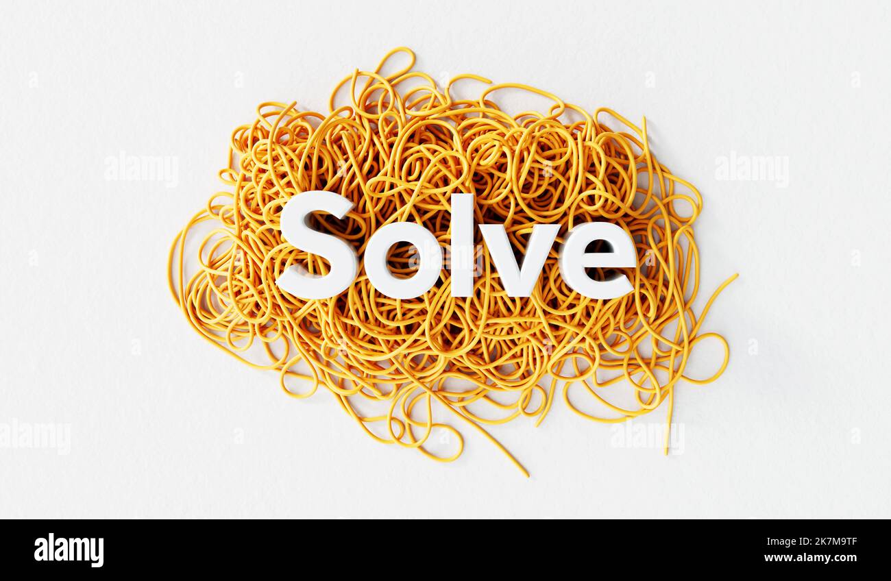Solve word on a tangled pile of string. mental health and personal development. 3D Rendering Stock Photo