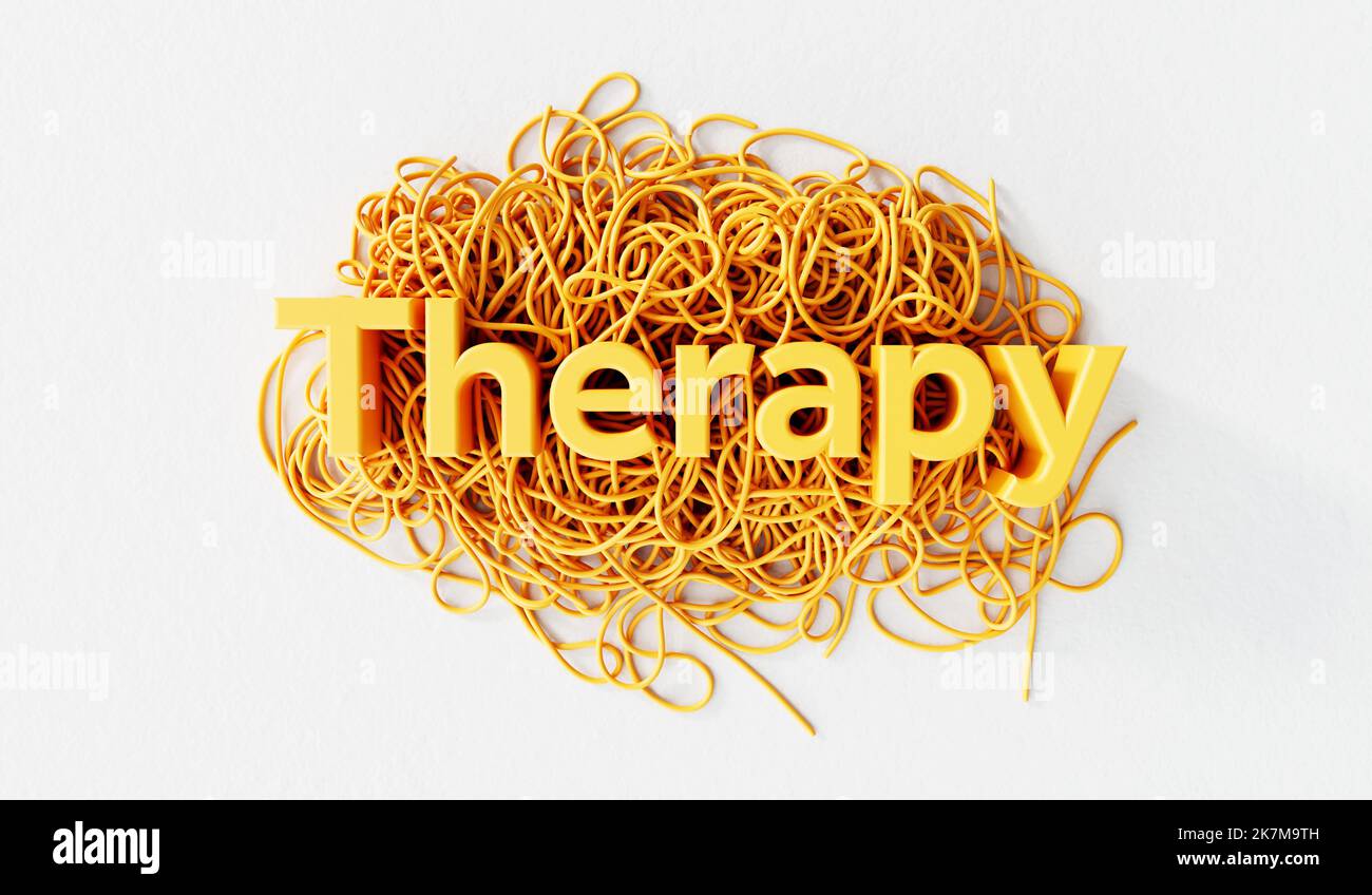 Therapy word on a tangled pile of string. mental health and personal development. 3D Rendering Stock Photo