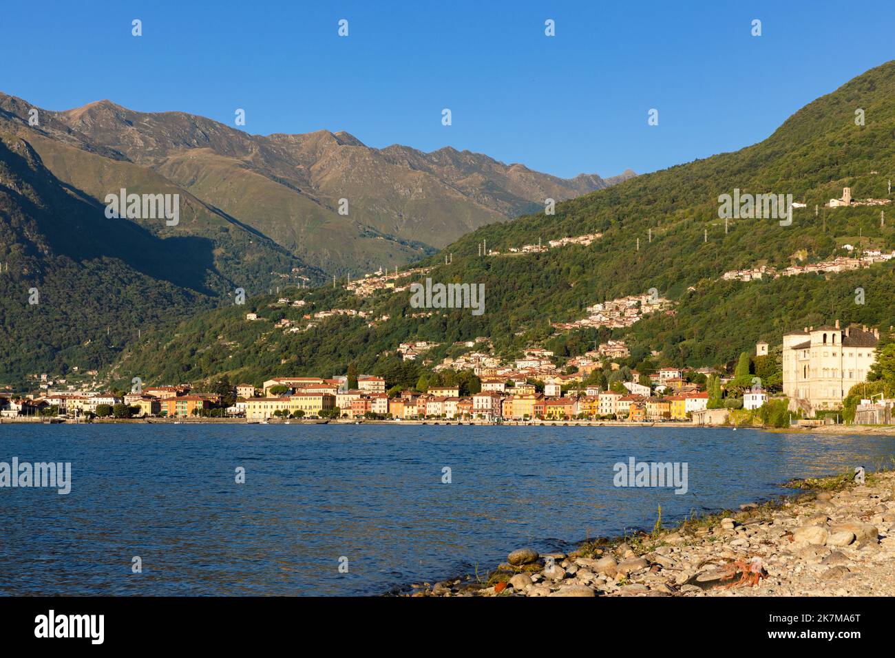 Town of Gravedona ed Unidi on Lake Como, Italy, view from Domaso in the morning Stock Photo