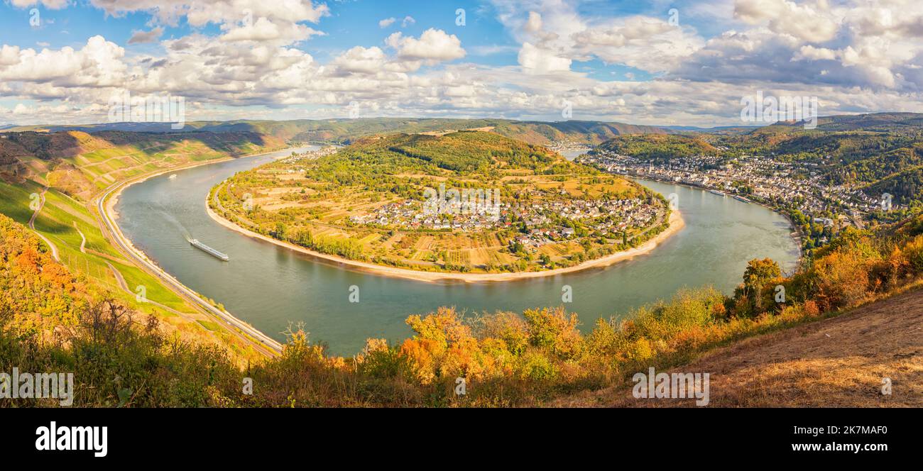 Bend of River Rhine near Boppard, Rhineland-Palatinate, in autumnal mood, extralarge panorama Stock Photo