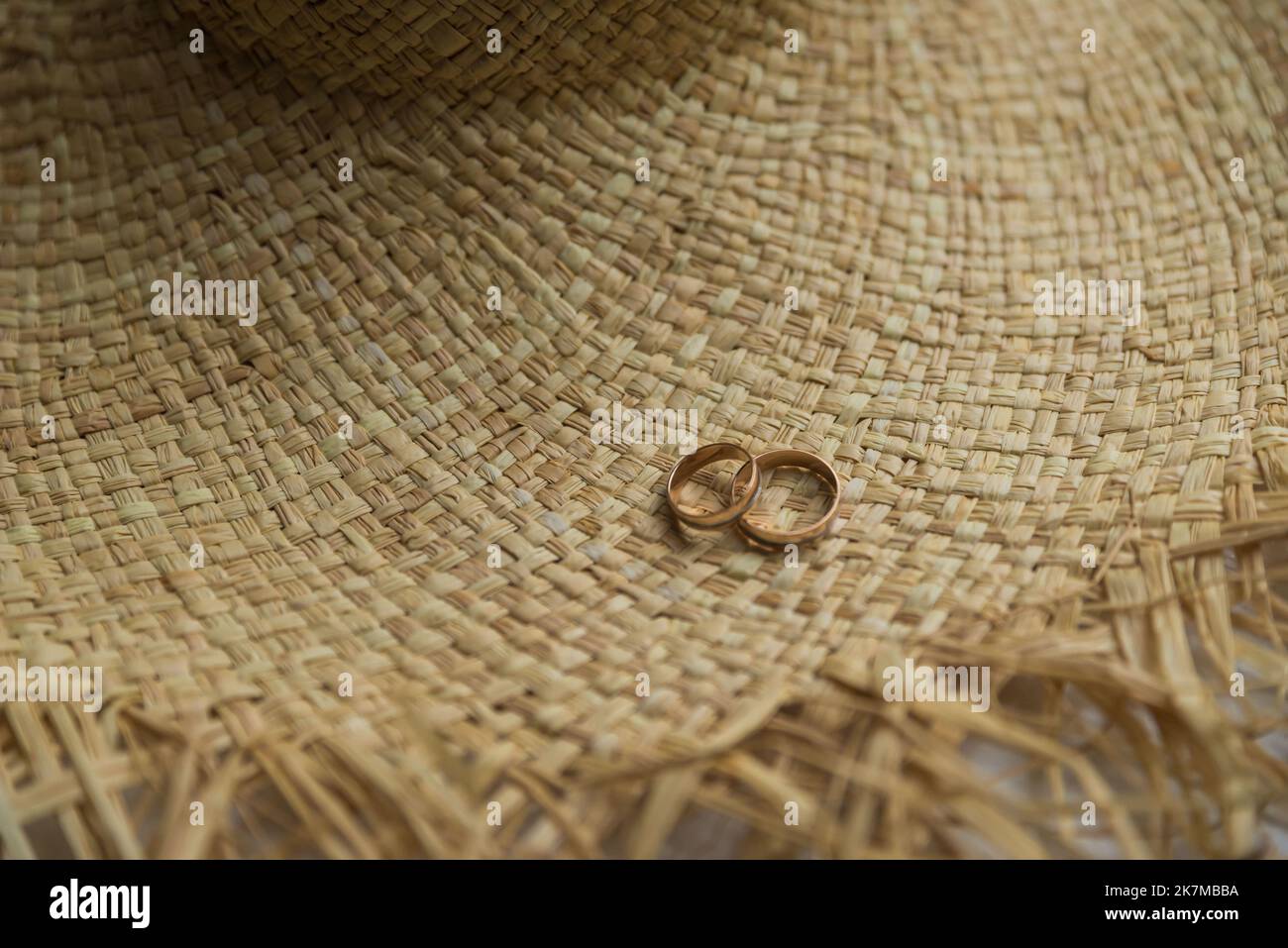 Two wedding rings on the floor with contrast wedding rings on floor, on ground, on piano, in hand Stock Photo