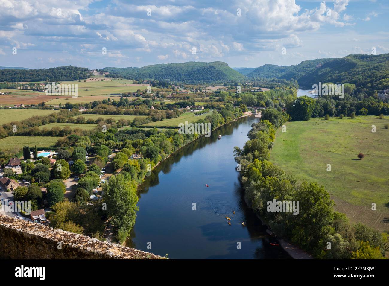 the river Dordogne with the hilly landscape in France seen from the castle beynac Stock Photo
