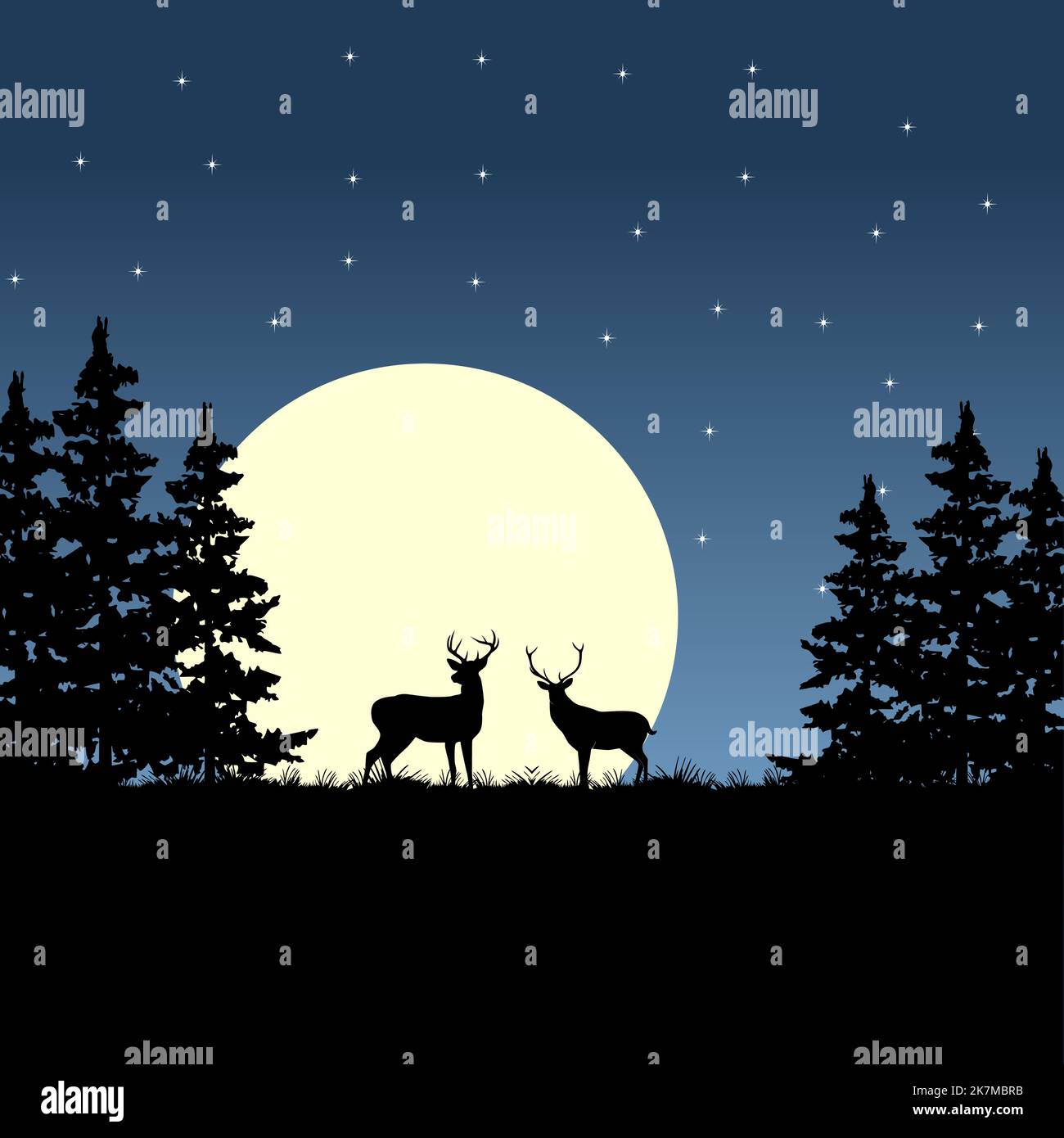 Deer Silhouette On A Forest In The Moonlight Vector Illustration Stock 