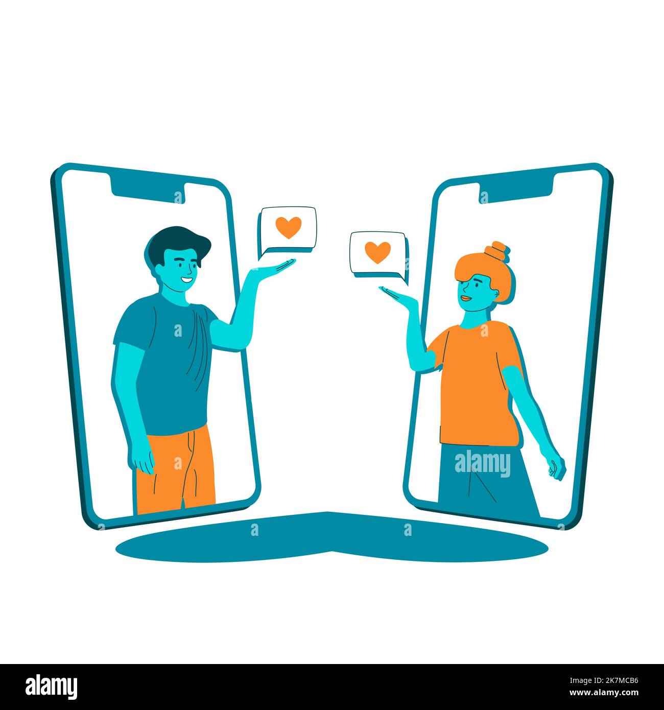 Man and woman couple on mobile phone screen sent like heart message blow kiss to each other. Online dating, long distance relationship, flirting trough internet, Valentines day. Vector illustration. Stock Vector