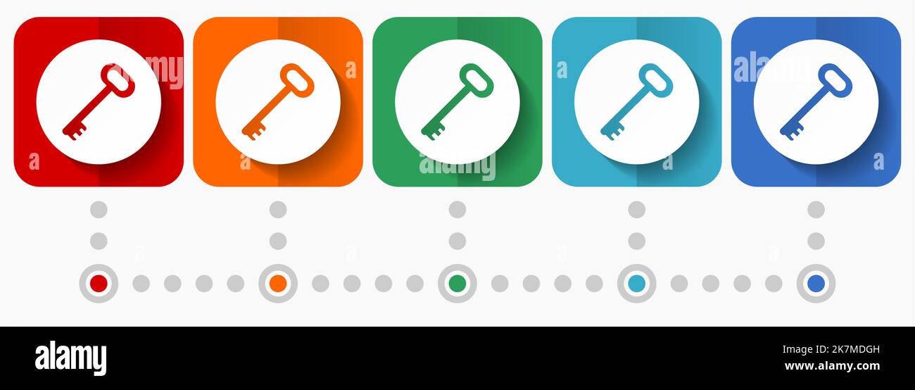 Key vector icons, infographic template, set of flat design symbols in 5 color options Stock Vector