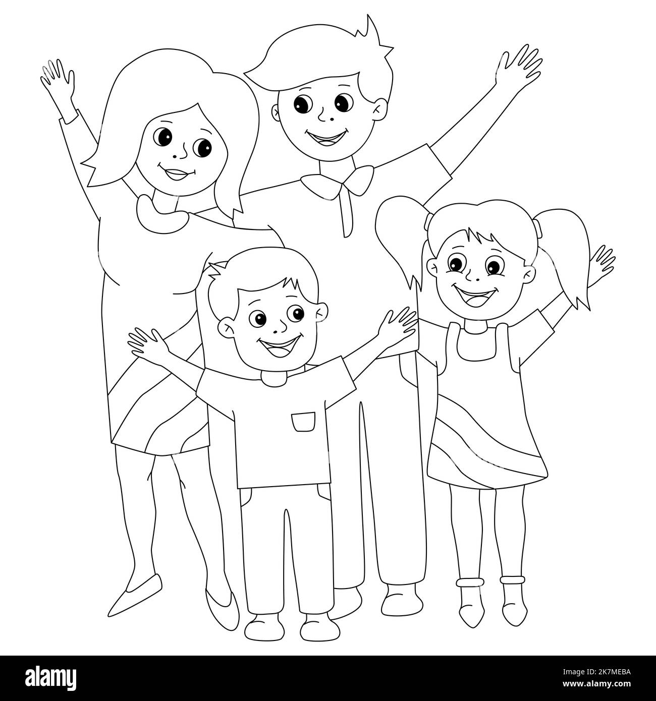 Coloring for children. Happy family mom, dad, son, daughter stand together hands up. Smiling adult and children. Family time holiday party birthday line vector illustration Stock Vector