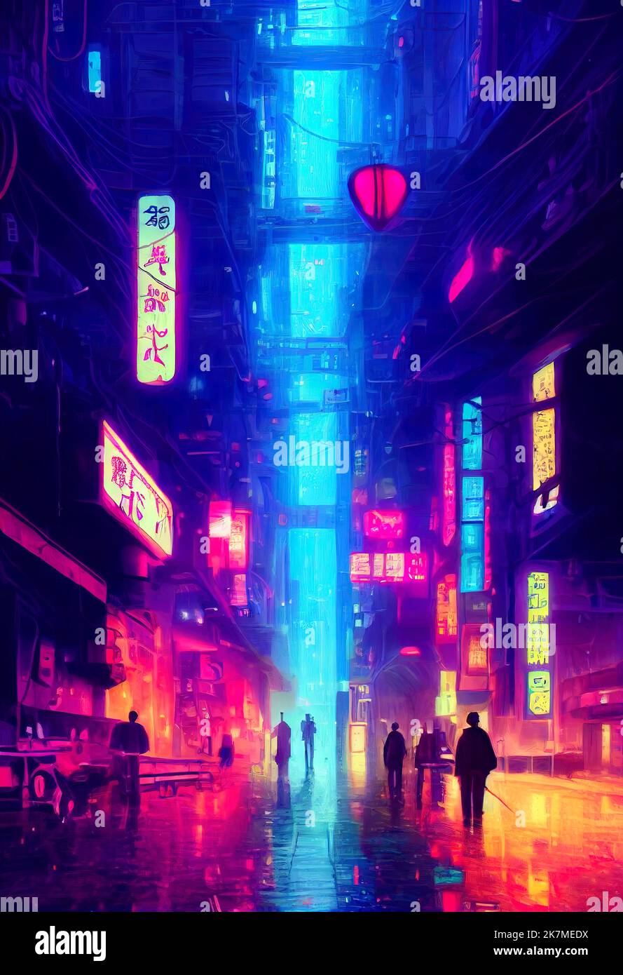 Cyberpunk neon city street at night. Futuristic city scene in a style of  pixel art. 80's wallpaper. Retro future 3D illustration. Urban scene. Stock  Illustration