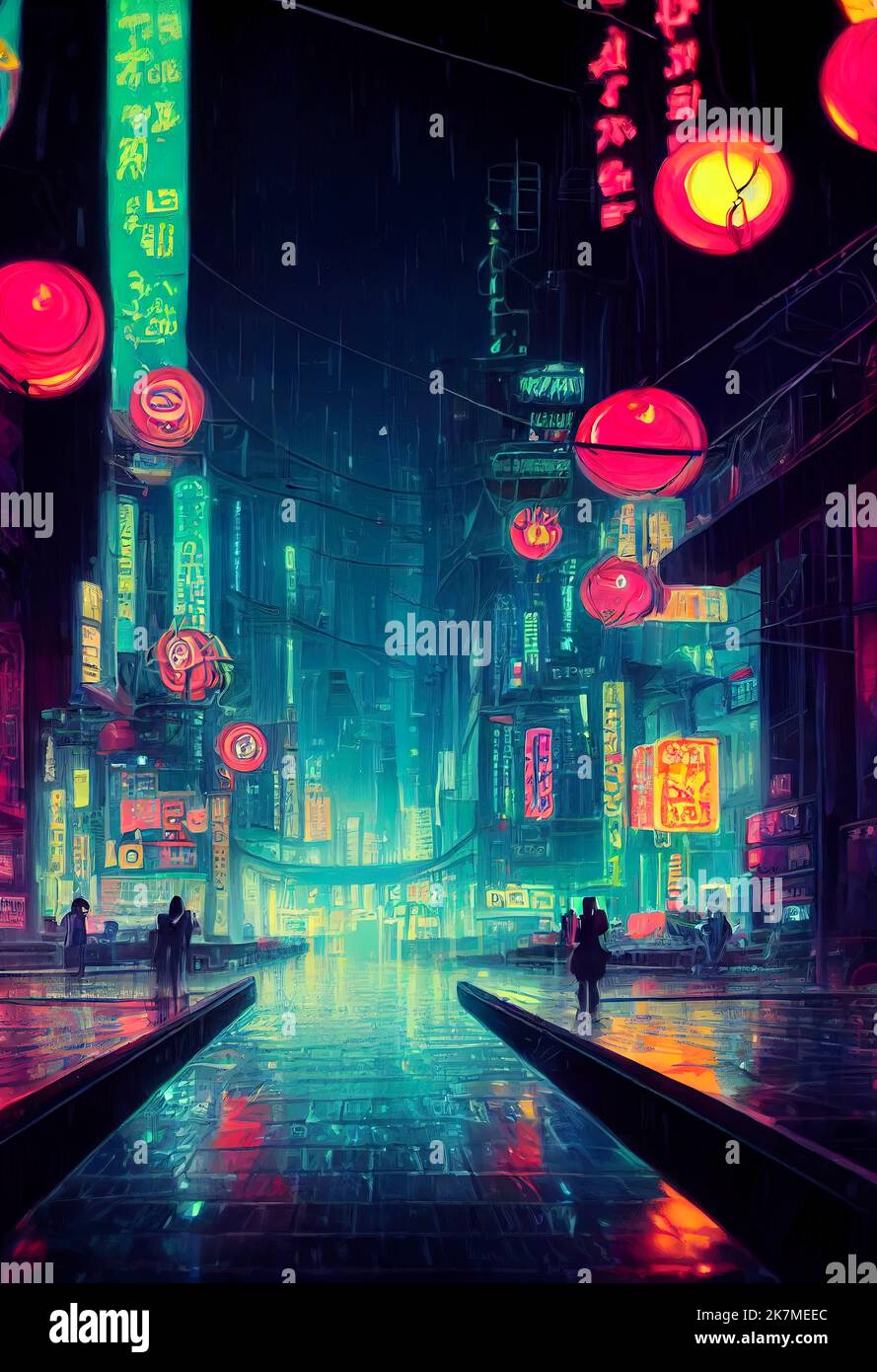 Cyberpunk city street. Sci-fi wallpaper. Futuristic city scene in a style  of pixel art. 80's wallpaper. Retro future 3D illustration. Urban scene.  Stock Illustration