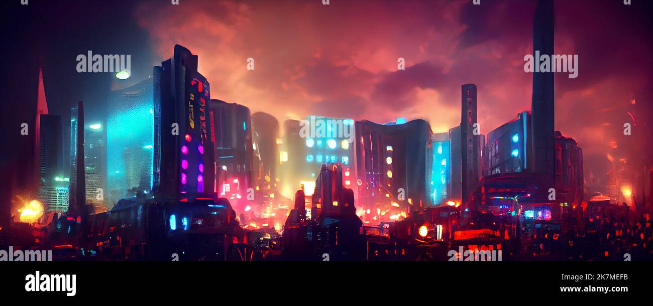 Cyberpunk neon city night. Futuristic city scene in a style of pixel art. Backdrop. Wallpaper. Retro future 3D illustration. Urban scene. Stock Photo