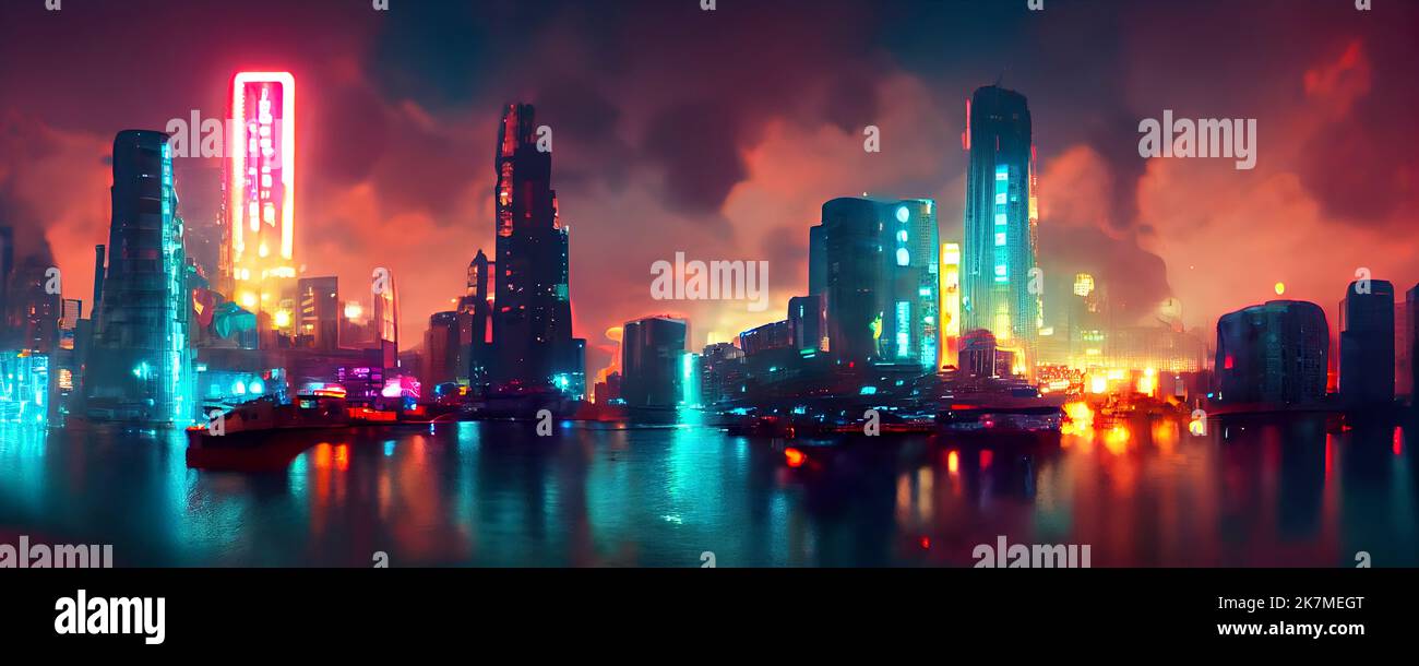 Cyberpunk neon city night. Futuristic city scene in a style of pixel art. Backdrop. Wallpaper. Retro future 3D illustration. Urban scene. Stock Photo