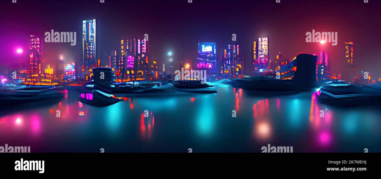 Cyberpunk neon city night. Futuristic city scene in a style of pixel art. Backdrop. Wallpaper. Retro future 3D illustration. Urban scene. Stock Photo