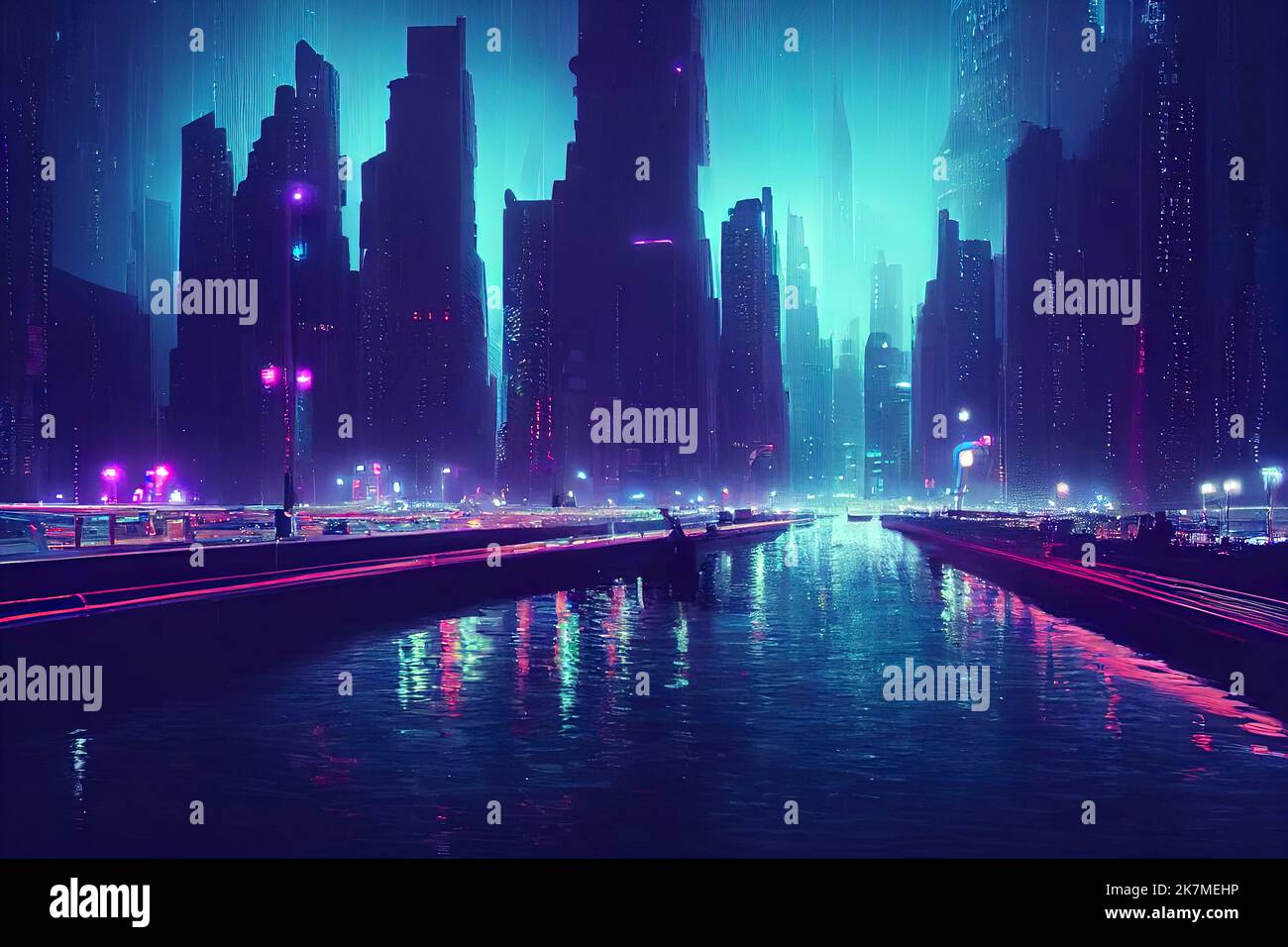 Cyberpunk neon city street at night. Futuristic city scene in a style of  pixel art. 80's wallpaper. Retro future 3D illustration. Urban scene. Stock  Illustration