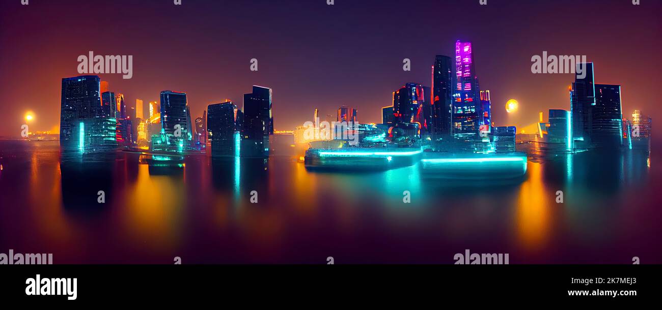 Cyberpunk neon city night. Futuristic city scene in a style of pixel art. Backdrop. Wallpaper. Retro future 3D illustration. Urban scene. Stock Photo