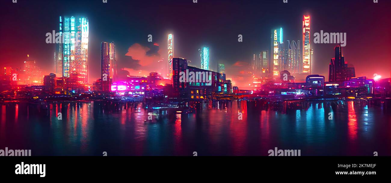 Cyberpunk neon city night. Futuristic city scene in a style of pixel art. Backdrop. Wallpaper. Retro future 3D illustration. Urban scene. Stock Photo