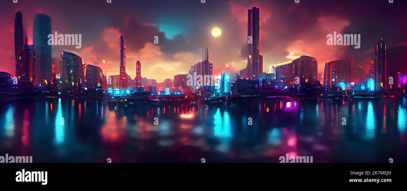 Cyberpunk neon city night. Futuristic city scene in a style of pixel art. Backdrop. Wallpaper. Retro future 3D illustration. Urban scene. Stock Photo