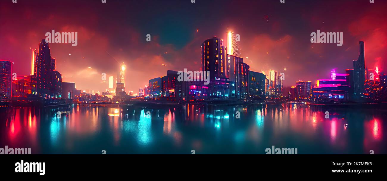 Cyberpunk neon city night. Futuristic city scene in a style of pixel art. Backdrop. Wallpaper. Retro future 3D illustration. Urban scene. Stock Photo