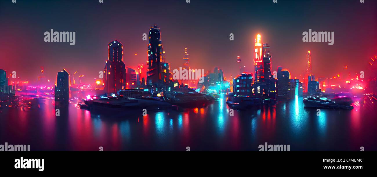 Cyberpunk city street. Sci-fi wallpaper. Futuristic city scene in a style  of pixel art. 80's wallpaper. Retro future 3D illustration. Urban scene.  Stock Illustration