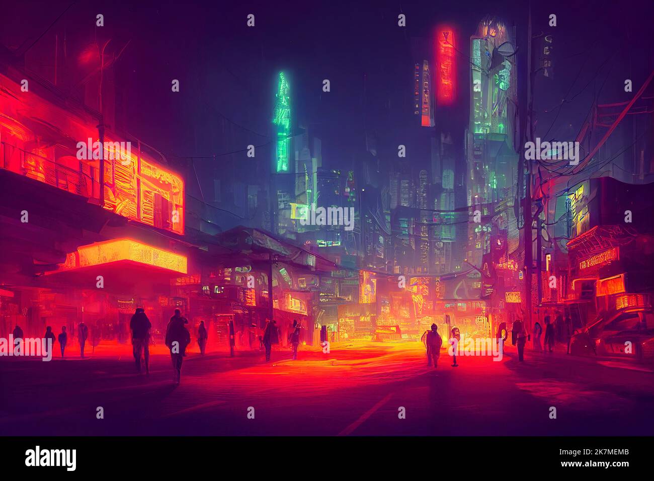 cyberpunk,city,metropolis,neon, rain,art illustration Stock Illustration