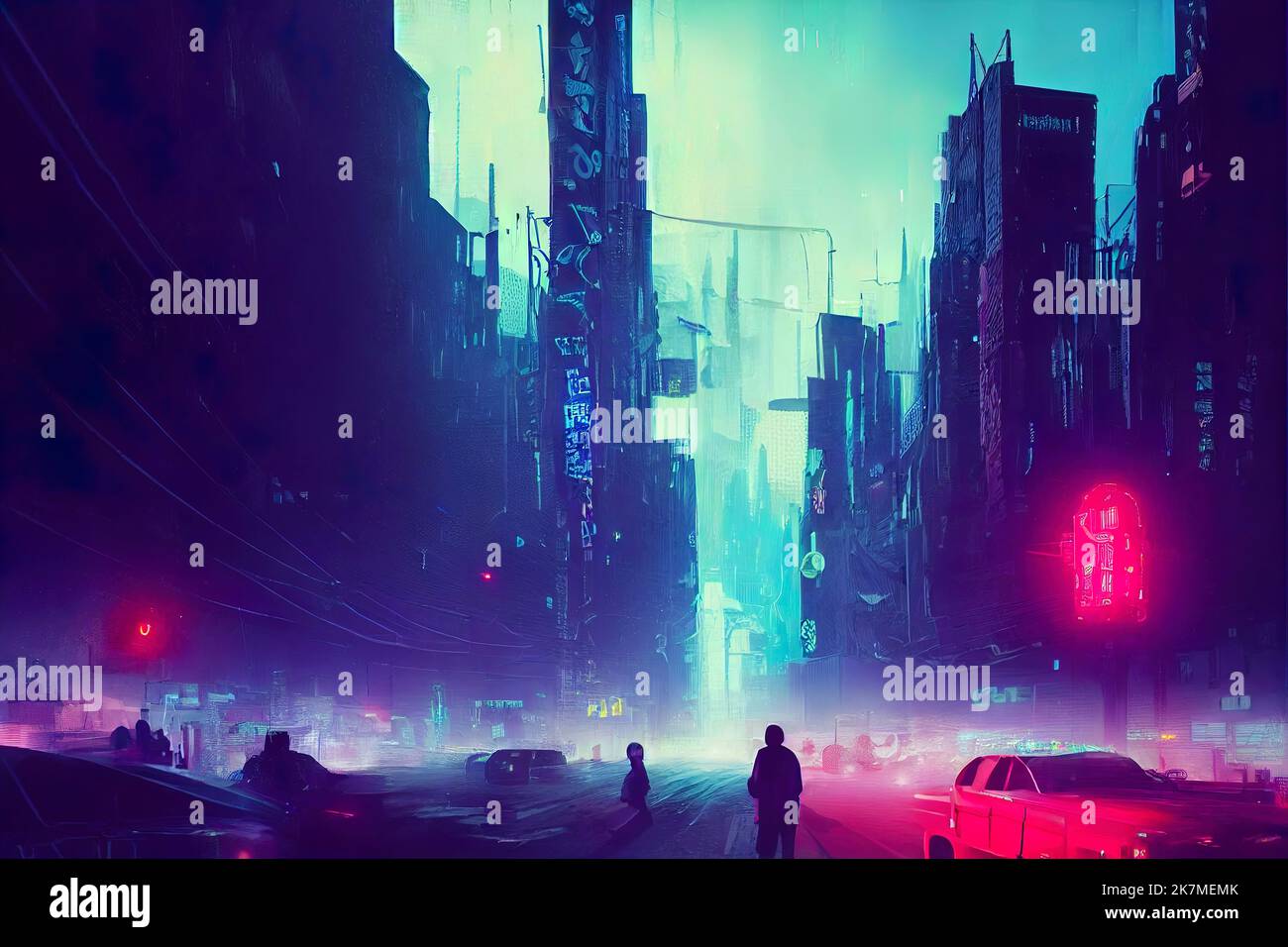 Cyberpunk neon city street at night. Futuristic city scene in a style of  pixel art. 80's wallpaper. Retro future 3D illustration. Urban scene. Stock  Illustration