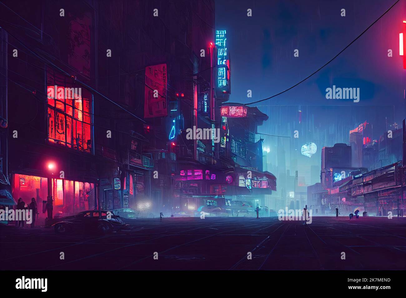 Cyberpunk neon city night. Futuristic city scene in a style of pixel art. Backdrop. Wallpaper. Retro future 3D illustration. Urban scene. Stock Photo