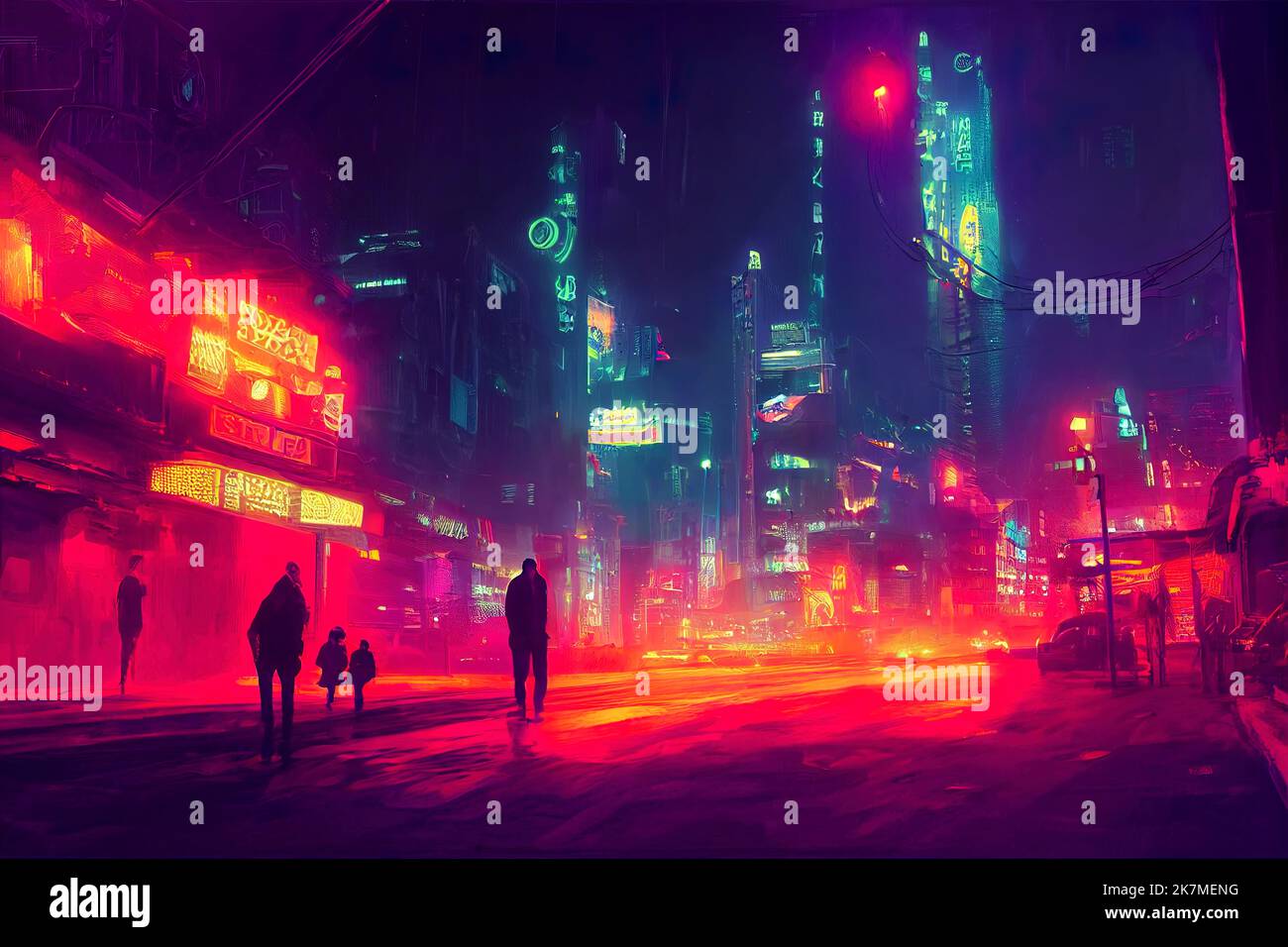 Cyberpunk city street. Sci-fi wallpaper. Futuristic city scene in a style  of pixel art. 80's wallpaper. Retro future 3D illustration. Urban scene.  Stock Illustration