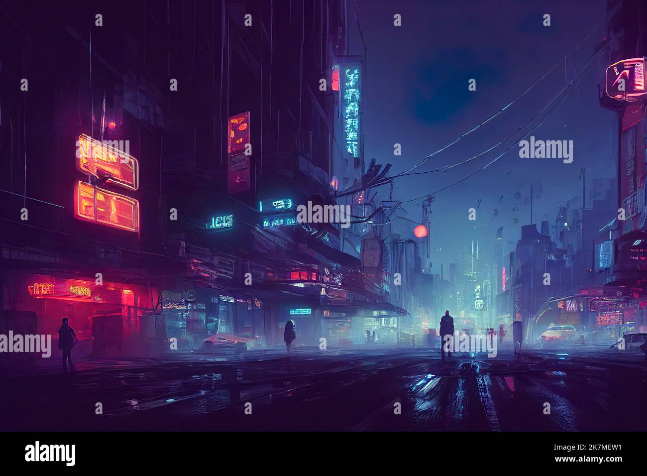 Cyberpunk streets illustration, futuristic city, dystoptic artwork at  night, 4k wallpaper. Rain foggy, moody empty future Stock Illustration