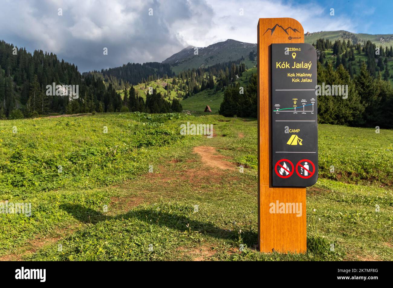 Tourist information stela in the picturesque Almaty tourist mountain ...