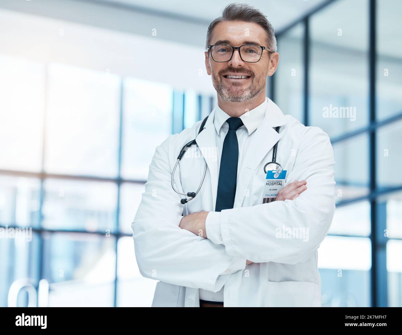 Healthcare, innovation and doctor in portrait for trust, research leadership and health insurance in a hospital or clinic. Medical expert worker Stock Photo