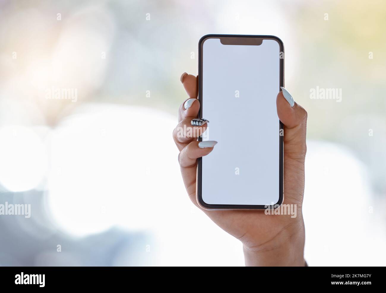 Woman, hands and phone with mockup space for travel app marketing, gps logo or map design ux for tourist travel. Zoom, 5g mobile or communication Stock Photo