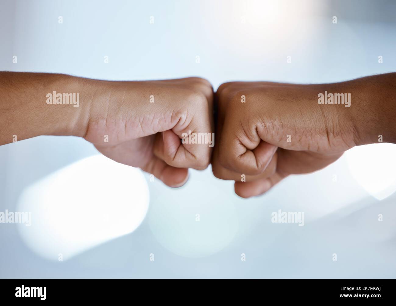Fist bump, support and employees meeting for partnership, collaboration or business together at work. Hands of corporate workers greeting with thank Stock Photo
