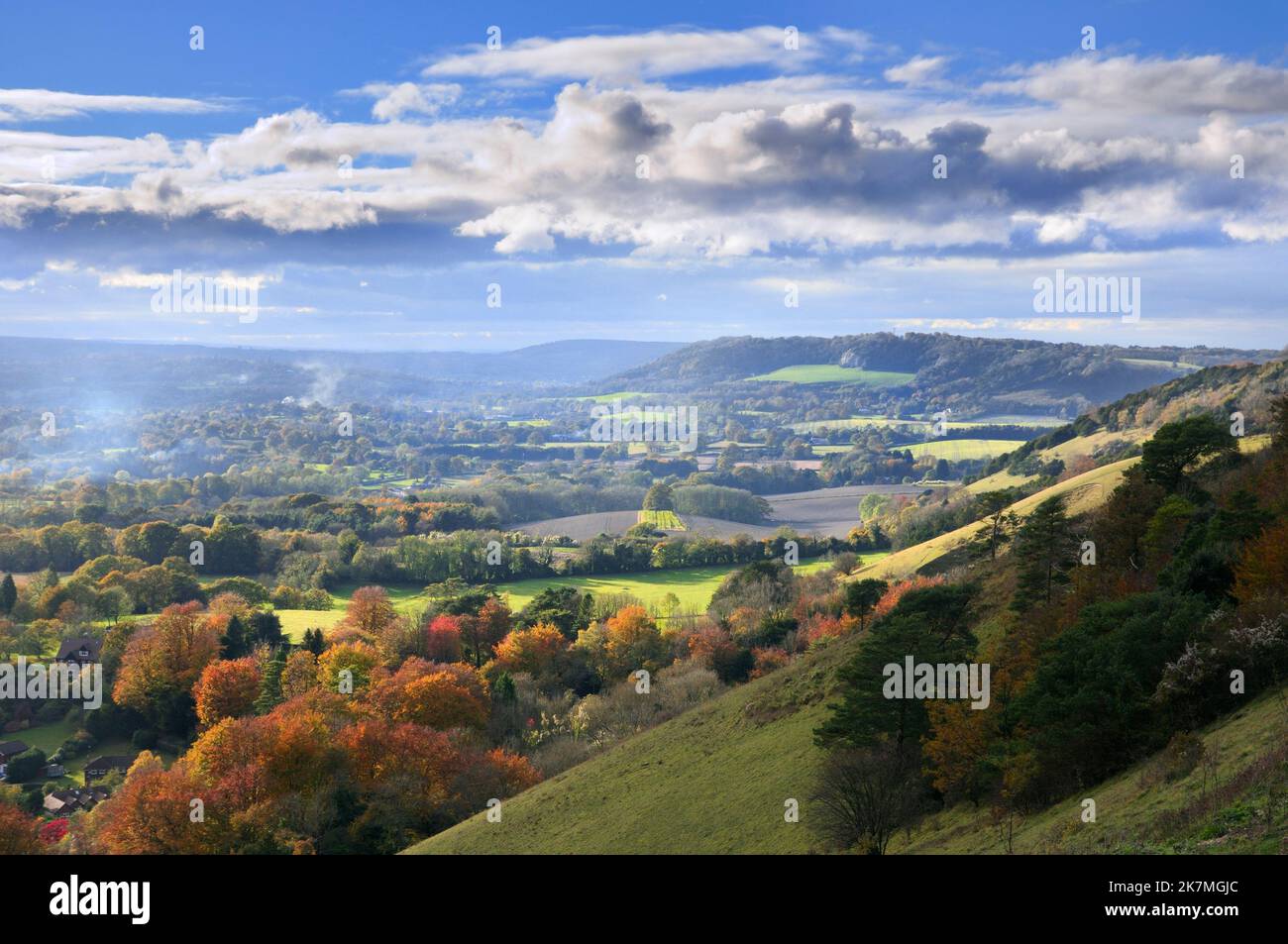 View from Colley Hill looking across Surrey Hills countryside in sunshine with trees in autumn colour, Reigate, North Downs Way, Surrey, England, UK Stock Photo