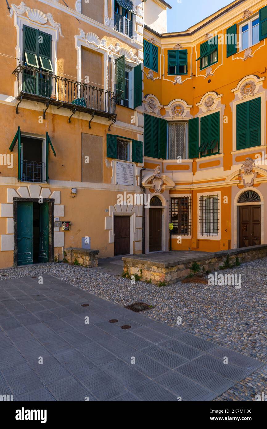 Historic houses Parasio on Piazza Parrasio, in the old town of Imperia, district of Porto Maurizio. Province of Imperia, Liguria region, Italy. Stock Photo