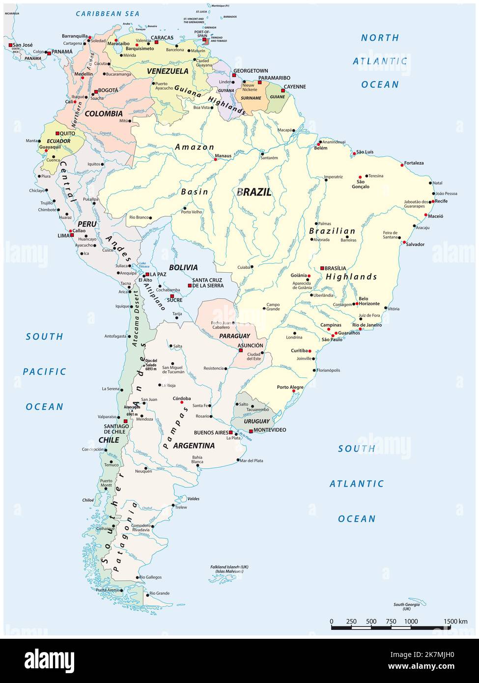 Detailed South American vector map with labeling Stock Photo