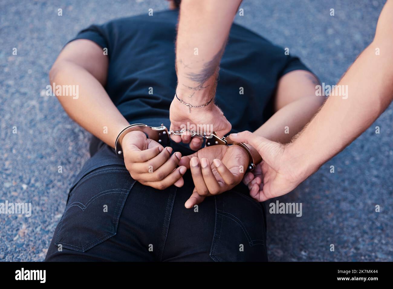 Crime arrest, scam and criminal man with security officer handcuffs on