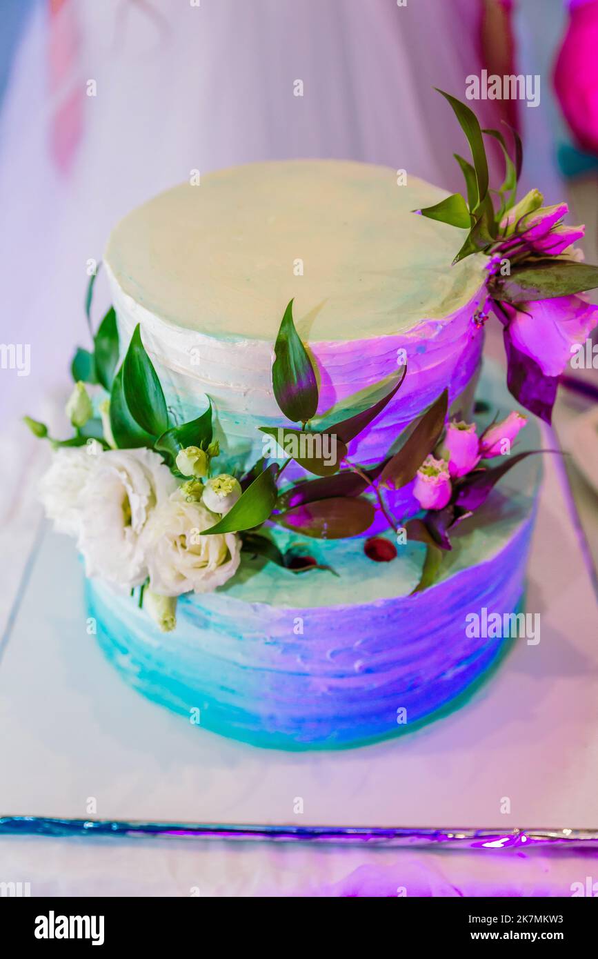 White wedding cake decorated by flowers standing on festive table with lots of snacks on side. Violet flowers on foreground. Wedding. Recetion Stock Photo