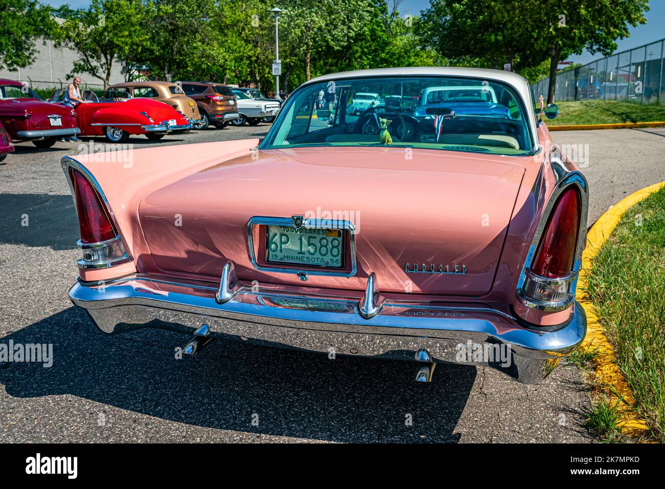 Falcon Heights, MN - June 19, 2022: High perspective rear view of  1957 Chrysler New Yorker 2 Door Hardtopat a local car show. Stock Photo