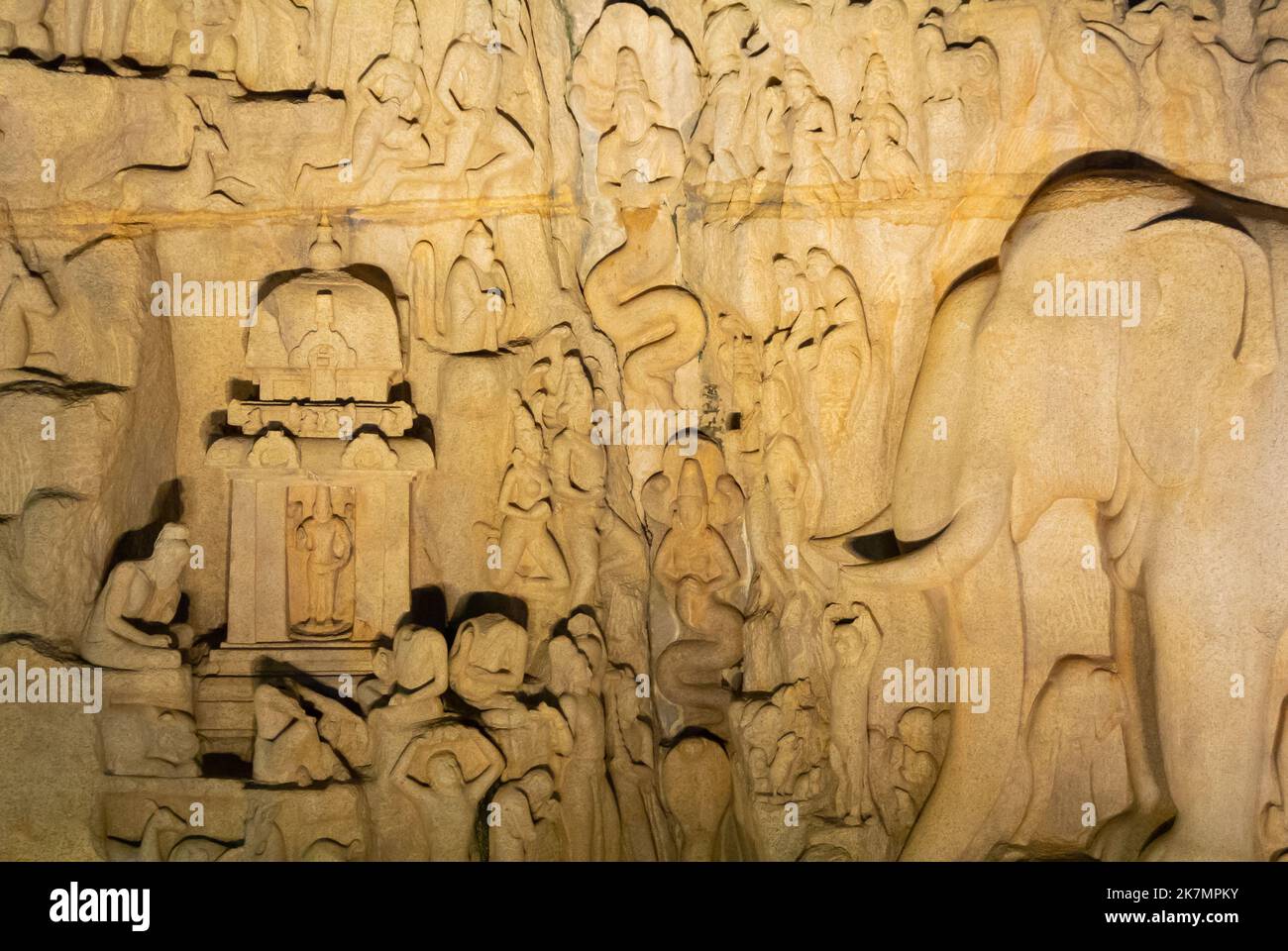 Mahabalipuram, Tamil nadu, South India, 2nd of January 2020: Illuminated sculpture of Arjuna’s penance at night Stock Photo