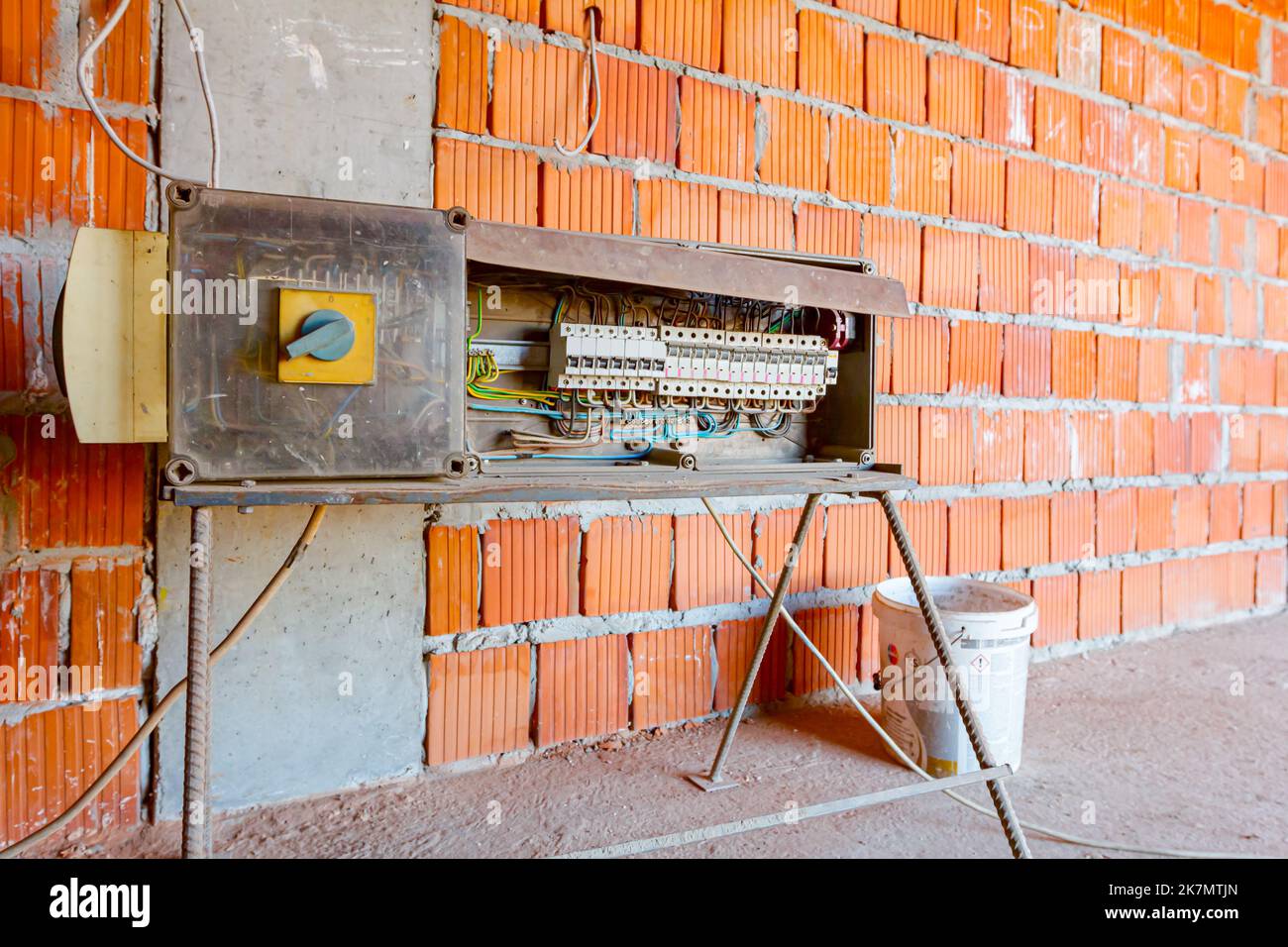Main fuse box switch. Control panel with many various wires and fuses