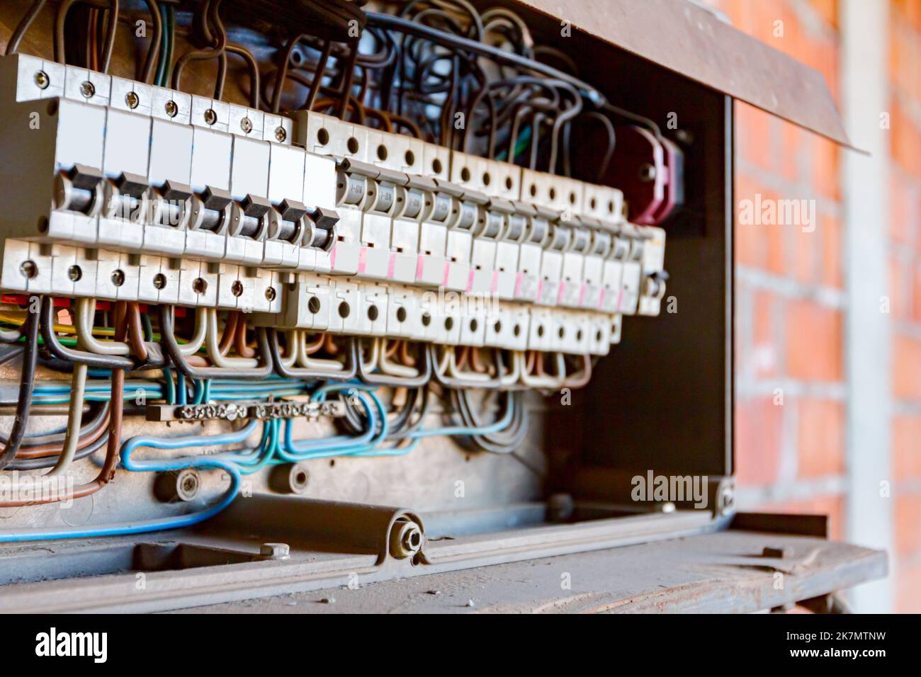 Fuse box, control panel with many various wires and fuses, electrical