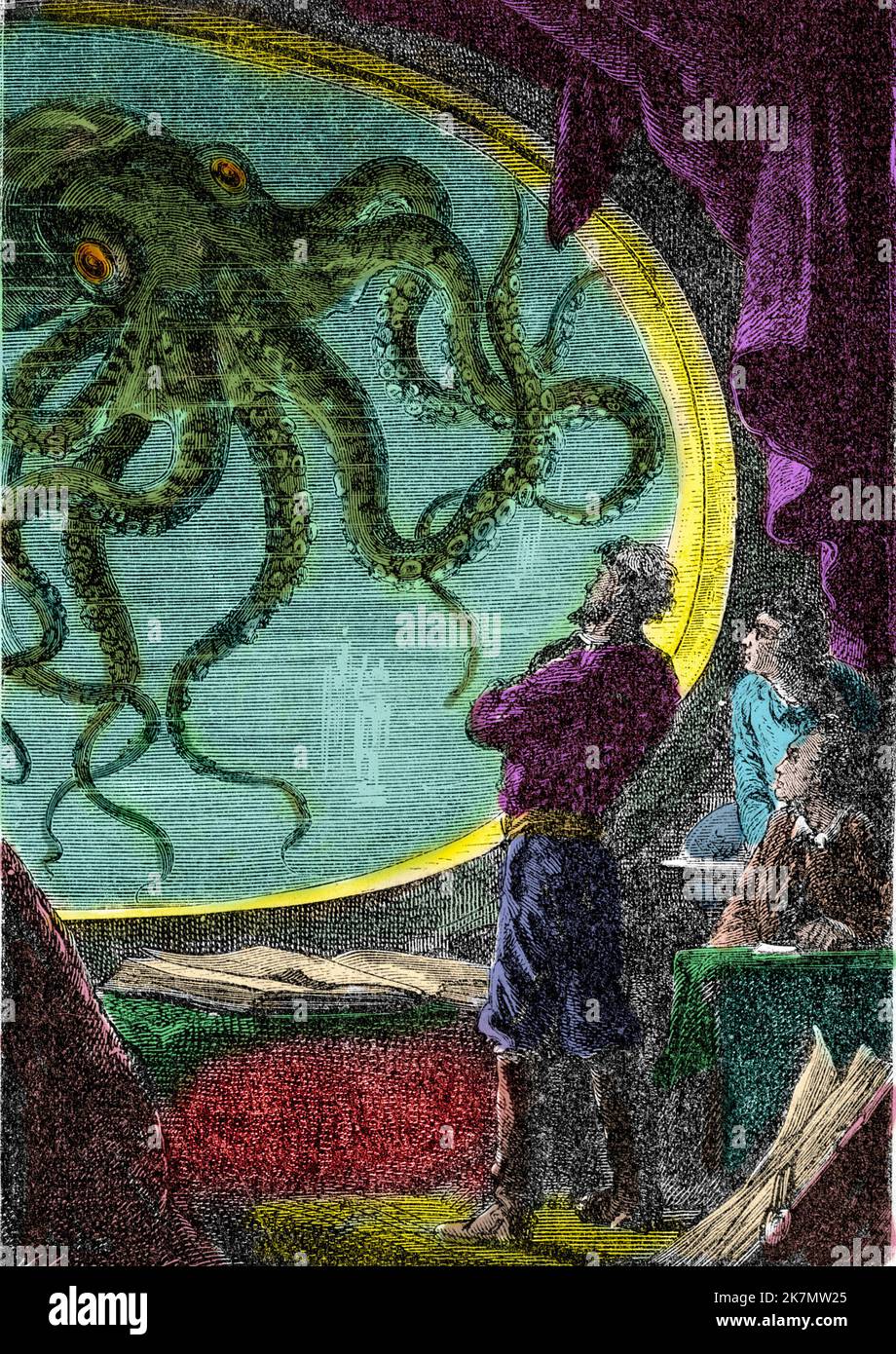 Twenty Thousand Leagues Under the Seas - 'Ned Land, le professeur Aronnax et son domestique Conseil regardent la pieuvre geante a travers le hublot du sous marin Nautilus' Gravure du livre de Jules Verne 'Vingt mille lieues sous les mers' (Vingt-mille - 20 000 - 20000), 1870. Stock Photo