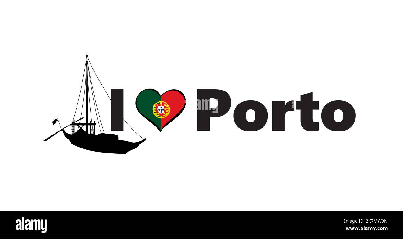 Portugal city Porto horizontal banner. Lettering I love Porto with national portuguese flag, boat and love heart. Vector template for your design. Stock Vector