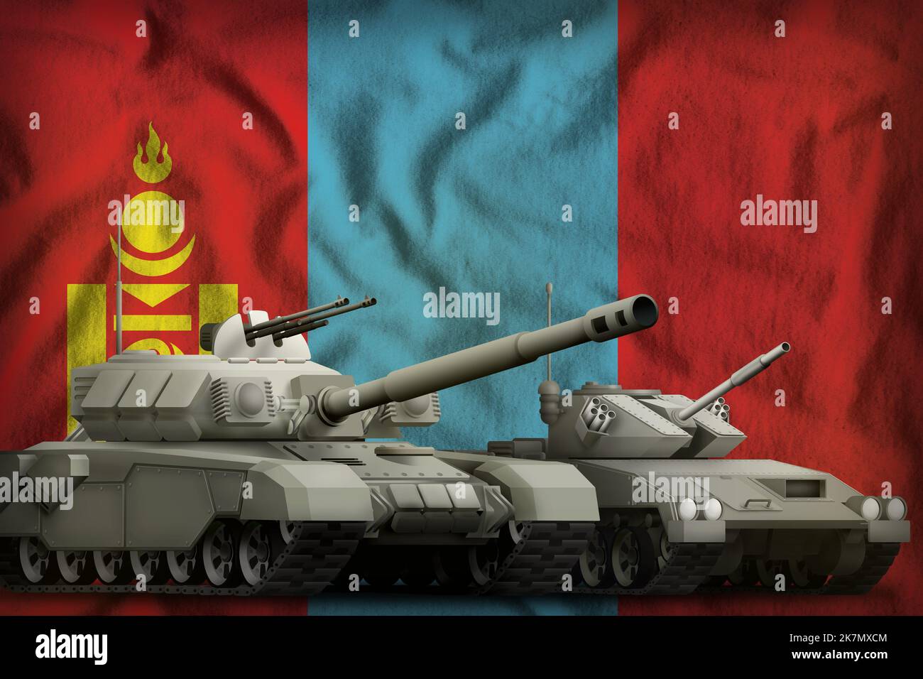 tanks on the Mongolia flag background. Mongolia tank forces concept. 3d Illustration Stock Photo