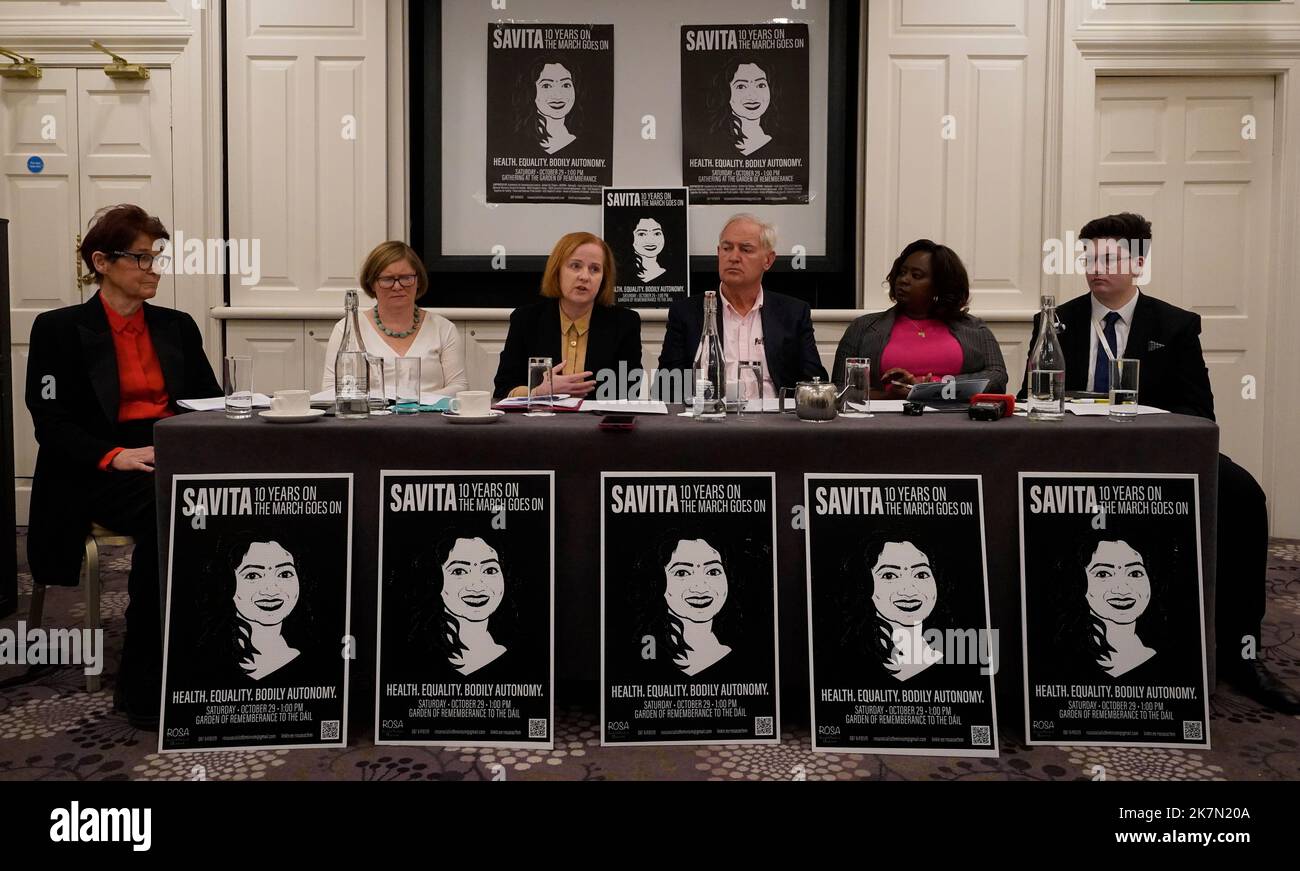 (left to right) Ailbhe Smyth, Orla O'Connor, Ruth Coppinger, Dr Peter Boylan, Dr Salome Mbugua and Maeve Richardson, during a press conference in Buswells Hotel, Dublin, to launch the 10th anniversary march for Savita Halappanavar, to be held in Dublin on Saturday October 29. The 31-year-old Indian dentist died in a Galway hospital after doctors refused to perform an abortion as she miscarried. Picture date: Tuesday October 18, 2022. Stock Photo