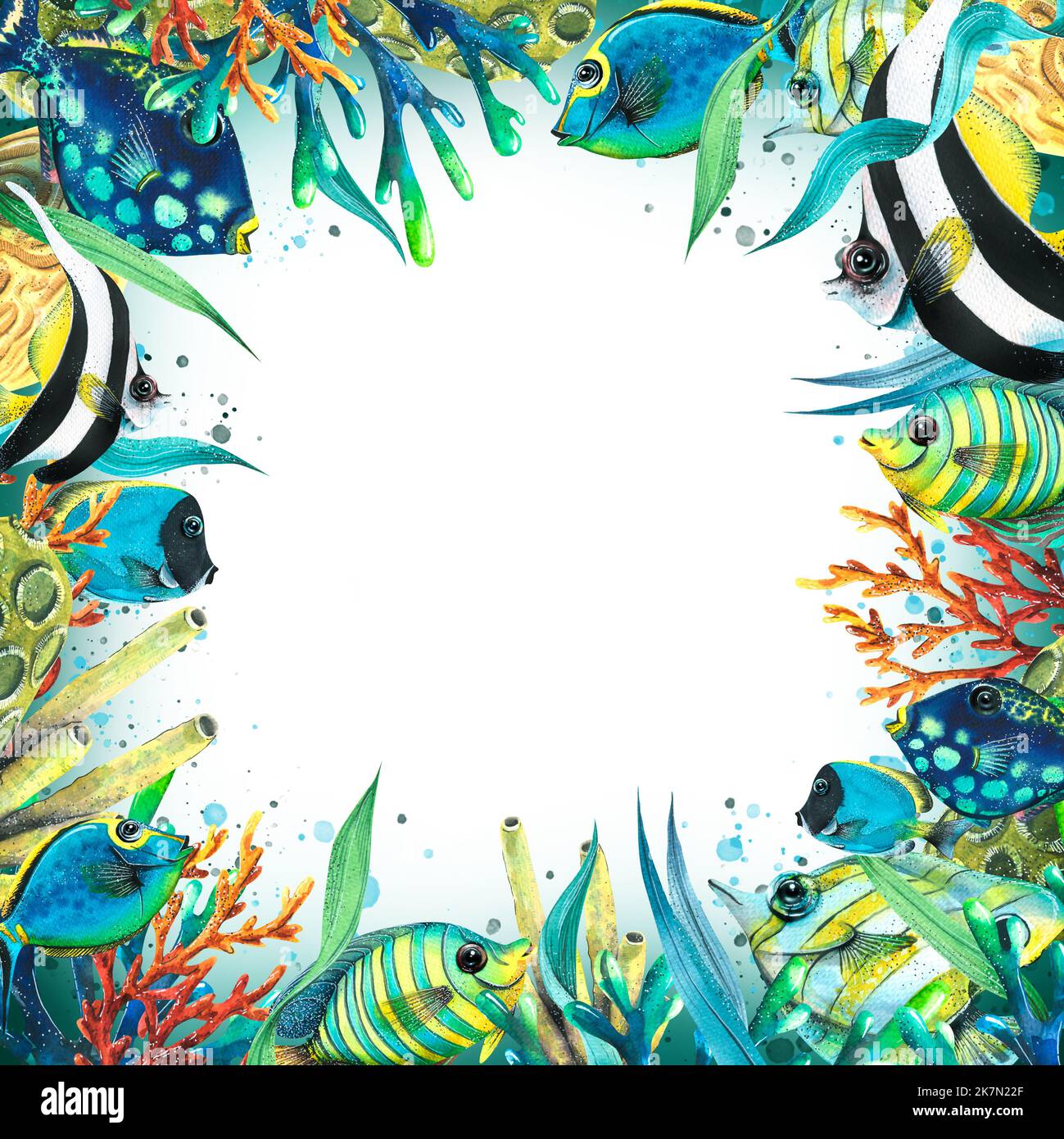 Bright tropical fish with seaweed, corals and sponges. Watercolor ...