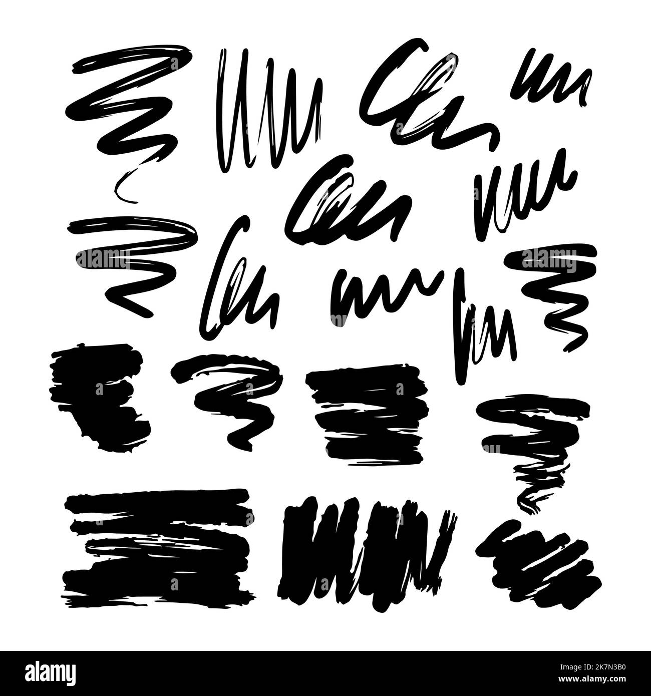 Set of black abstract brushstrokes, lines, squiggles and swirls. Vector