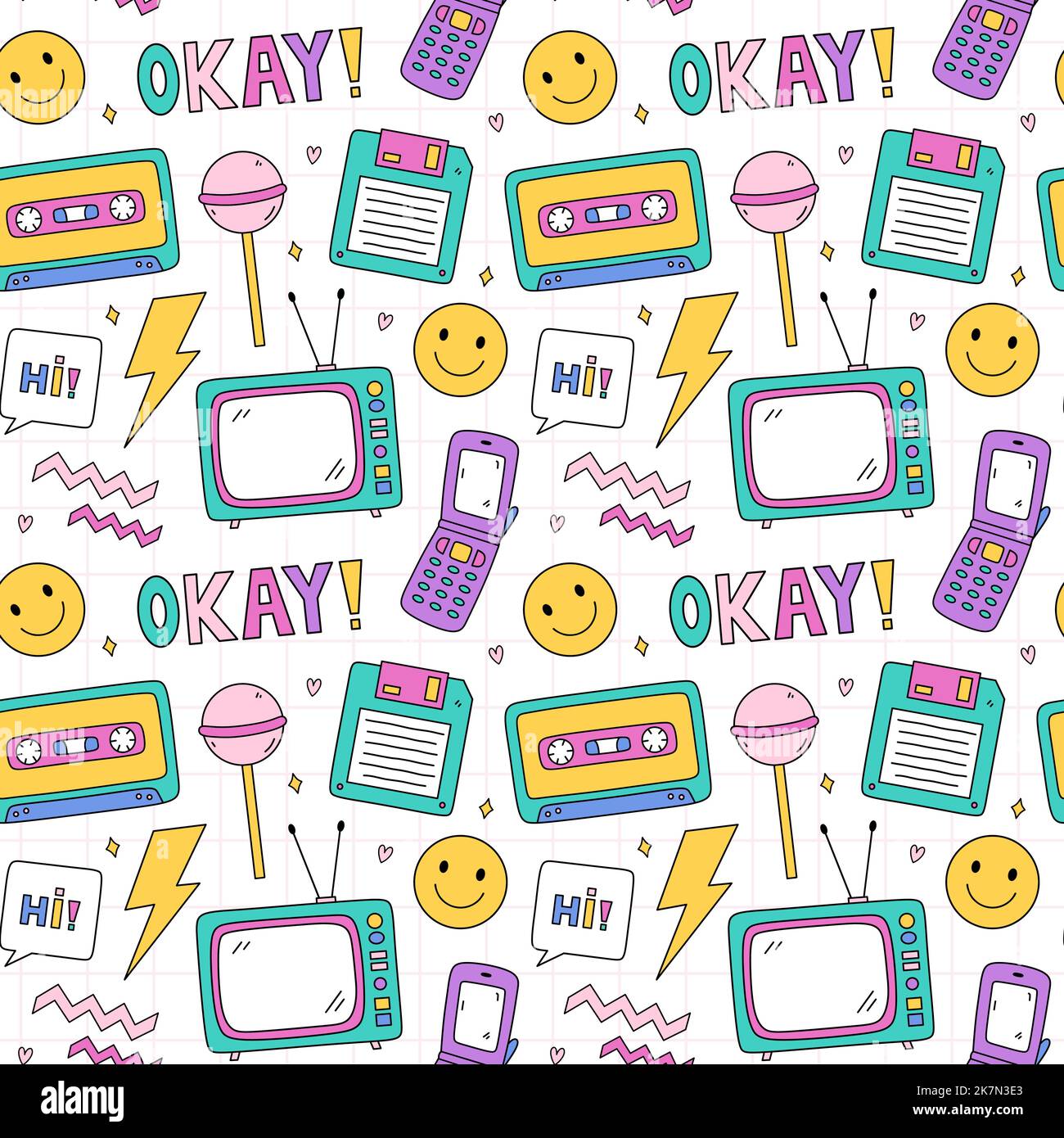 Bright seamless pattern with items from the nineties - retro flip phone, floppy disk, tv, smile, chupa chups and lightnings on checkered background. Nostalgia for the 1990s. Funny print. Stock Vector