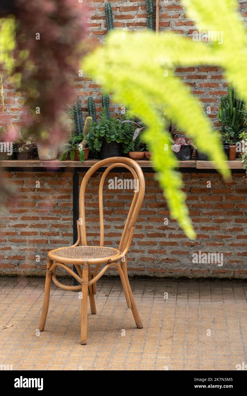 A rattan chair outdoors against a brick wall with plants foreground ...