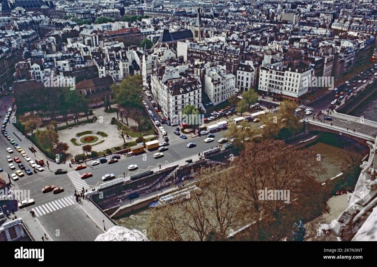 Looking towards the Square Rene Viviani from the top of Notre Dame Cathedral in Paris in 1972  a scanned image Stock Photo