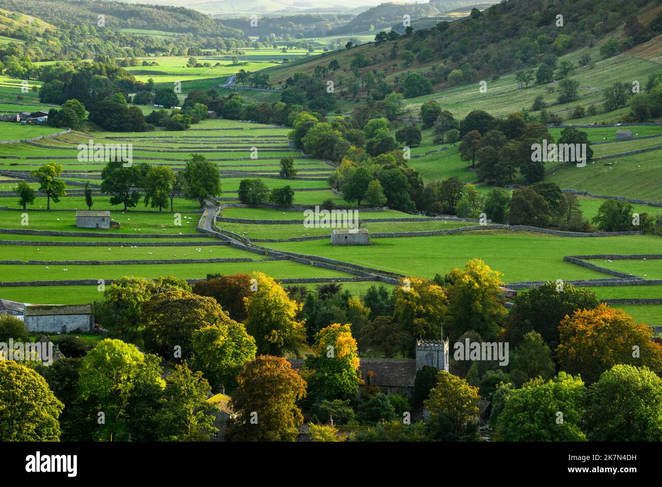 Picturesque Dales scenery (autumn colour on trees, wide flat valley floor, steep hillside slopes, old stone barns) - Kettlewell, Yorkshire England UK. Stock Photo