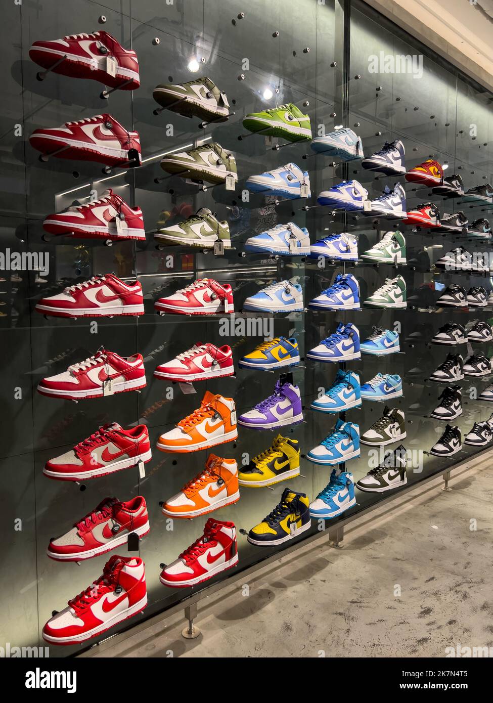 A variety of colourful Nike dunks shoes on display in store for ...